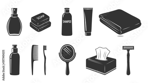 Personal hygiene and bathroom supplies set for spa and beauty salon branding in flat vector