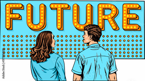 Couple gazing at a bright illuminated future sign in pop art style