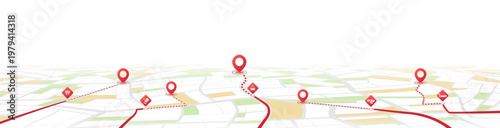 Perspective city map with red routes and location markers. Vector illustration.