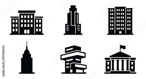 Minimalist building icon set, 6 black vector silhouettes of city architecture, modern skyscraper and office building symbols for maps and web design