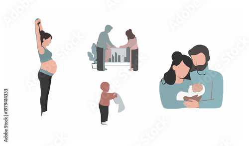 Motherhood stages pregnancy baby care family vector illustration