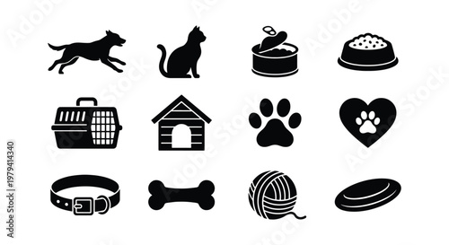 Pet care icon set, 12 black animal silhouettes, dog and cat supply vector