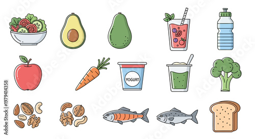 Variety of healthy food and drinks.