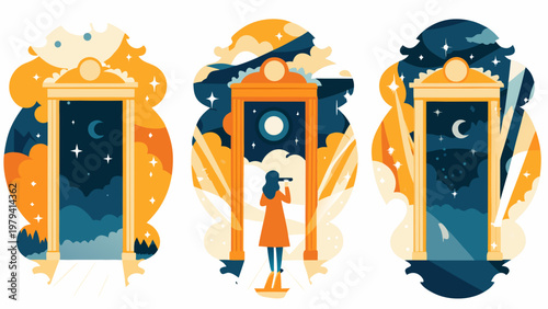 Three ornate doorways reveal celestial scenes and a woman with a camera