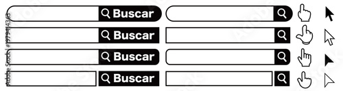 Barra de búsqueda con botón «Buscar», cursor e icono de mano señalando (diseño UI simple para sitio web y aplicación)