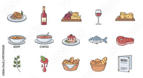 Food and drink icons on plates.