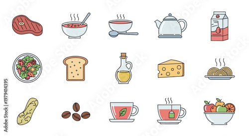 Food and drink items on table.