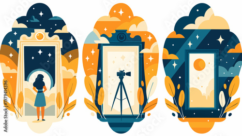 Three stylized portals depicting a person camera and sunset