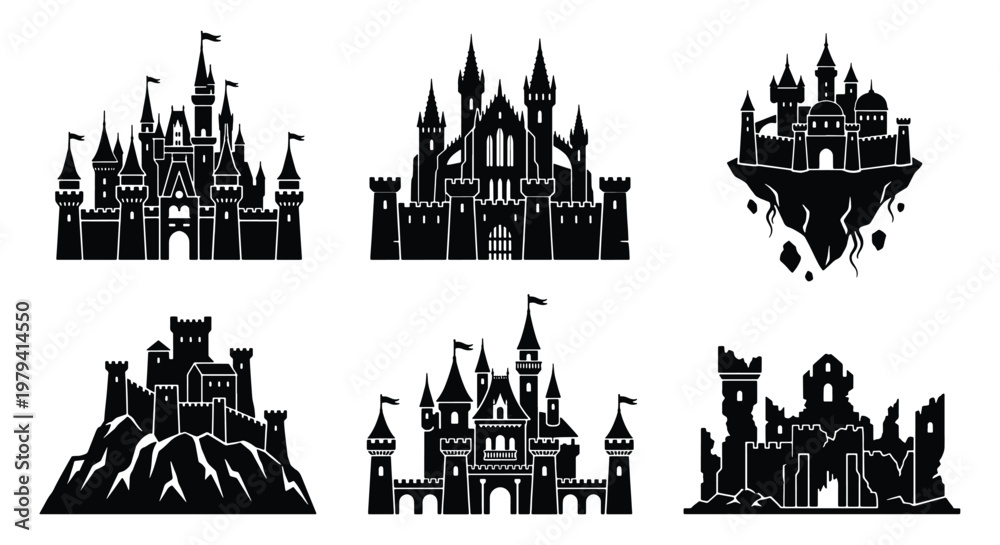 Naklejka premium Medieval castle silhouette collection, 6 fantasy fortress icons, black fairy tale palace vector set, gothic citadel and floating island kingdom