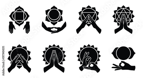 Sacred chakra symbols with mudra hand gestures, 8 black vector icons of spiritual energy centers, yoga meditation and healing art elements