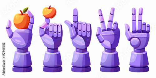 Robotic hands holding and displaying a red apple isolated on white