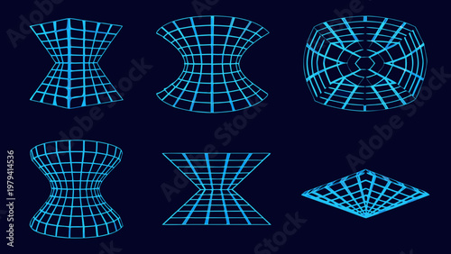 Illusionary geometric shapes in blue neon grid against a dark background