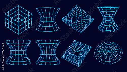 Neon blue geometric shapes in a wireframe style arrangement
