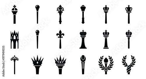 Royal scepter icon set, 18 medieval king mace vectors, monarch symbols