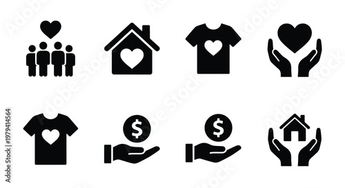 Charity and donation icon set, 8 black solid vector elements for non-profit organizations, philanthropy and community support symbols