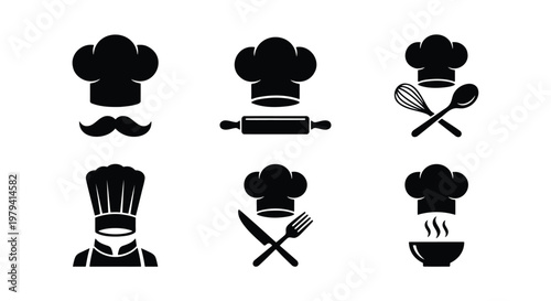 Chef hat and kitchen utensil icons set, 6 black vector silhouettes of restaurant cook logos, culinary equipment and bakery symbols for menu design
