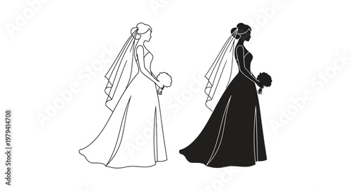 Elegant bride in wedding dress viewed from two angles a striking silhouette