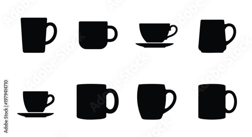 Minimalist coffee mug silhouettes, set of 8 black ceramic cup icons, flat vector tea mugs and espresso cups for cafe branding and kitchen menus