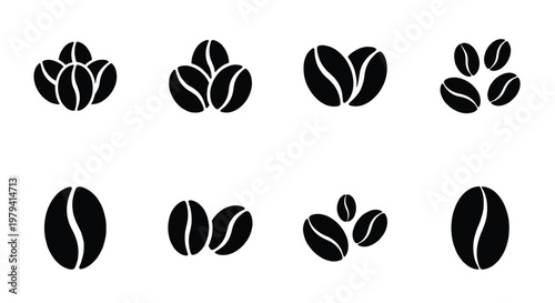 Minimalist coffee bean icons set, black roasted coffee seed silhouettes, organic caffeine grain vector elements for cafe branding and packaging