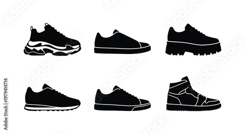 Sneaker silhouette icon set, black footwear vector, 6 athletic shoe signs