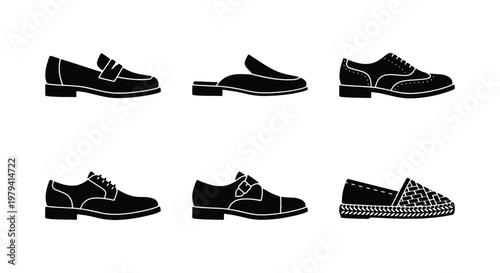 Classic men shoes icons, formal footwear set, black leather shoe vectors