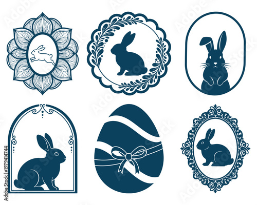 Easter Bunny Silhouette Frames and Egg Design Minimal Line Art Icon Set