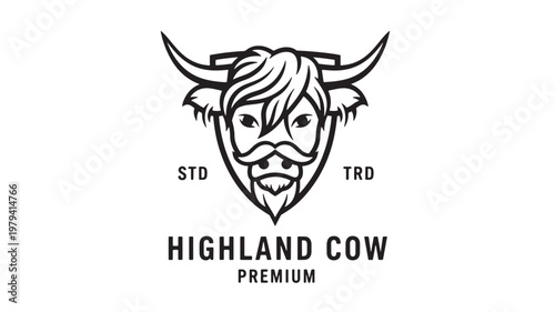 Bull horn emblem with highland cow premium branding and STD TRD labels for farm and ranch logo design