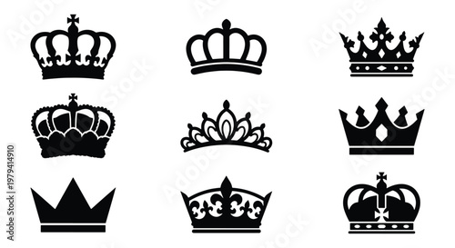 Royal crown silhouettes collection, set of 9 black king and queen headwear icons, heraldic imperial tiara symbols, elegant monarch coronet vectors