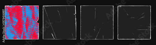 Old retro style paper fold texture black grunge punk overlay vector illustration set. Vintage dark cover dirty scratched folded paper sheet collection grain noise rough effect distress corner template