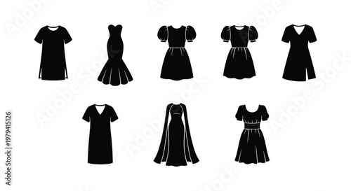 Black dress silhouette icons, 8 female clothing vectors, fashion apparel set