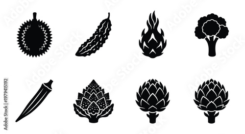 Minimalist black fruit and vegetable icons set, 8 solid vector silhouettes of durian, dragon fruit, and artichoke, organic food symbols for grocery apps