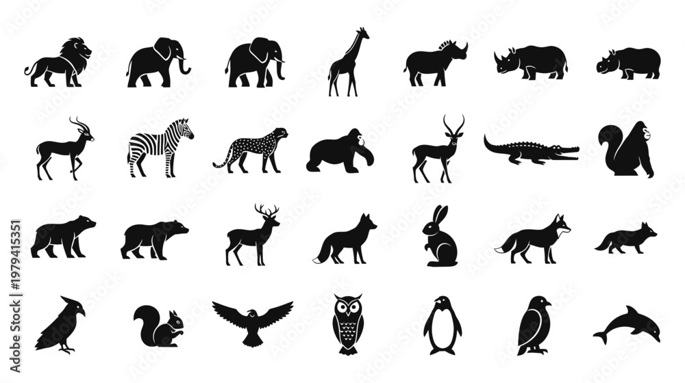 Fototapeta premium Diverse wildlife and animal species vector icon set on white background