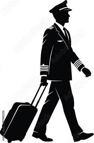 A silhouette of a smiling business person and a worker walking with a suitcase and vacuum cleaner for travel and housework
