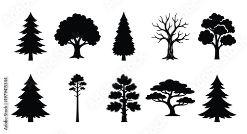 Black tree silhouettes collection, set of 10 forest tree icons in vector format, minimalist pine and oak tree shapes for landscape design and mapping
