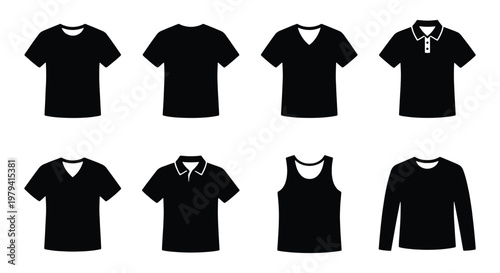 Black t-shirt icons set, apparel clothing vector, 8 garment silhouettes