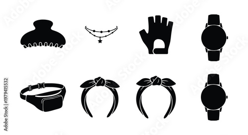 Black fashion accessories icon set, minimalist lifestyle apparel elements vector, modern jewelry and wearable items collection on white background
