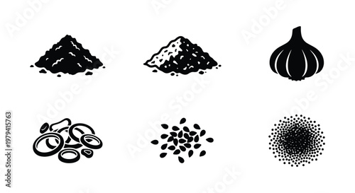 Black spice icons set, culinary seasoning vector, garlic and onion symbols