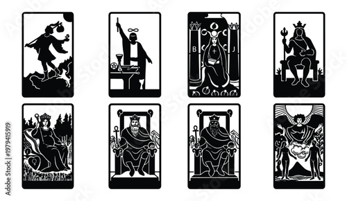 Mystical tarot card icons, occult deck vector set, black and white arcana