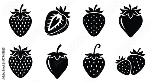 Strawberry icon set, black berry silhouettes, 8 fruit vector elements