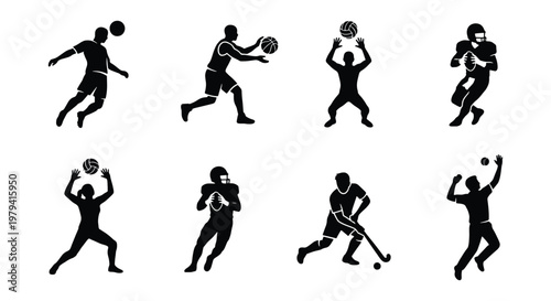 Athletic sports silhouettes, 8 player icons, black vector team graphics