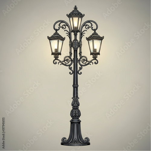 Ornate Black Iron Street Lamp Post.