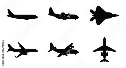 Airplane silhouette collection with 6 vector icons, commercial aircraft and military jet silhouettes, black aviation transport shapes on white background