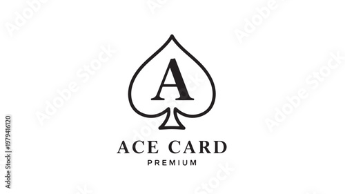 Card ace spade logo icon with bold outline and premium text branding on a clean white background featuring poker, casino, deck with emblem and symbol