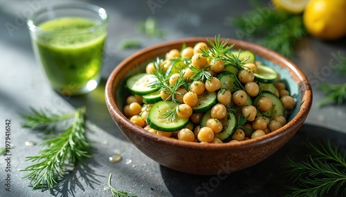 Fresh chickpea and cucumber salad with dill and lemon dressing in bowl. Green juice drink nearby on table. Healthy food preparation, natural light.