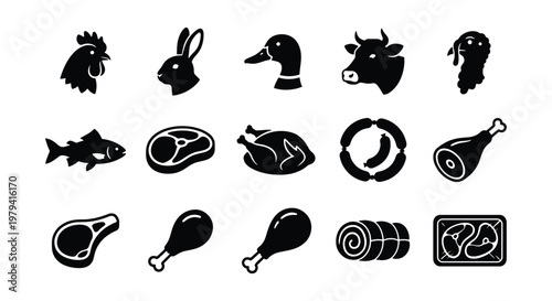 Butcher shop meat icons set, 15 black vector silhouettes of farm animals and raw protein products, fresh beef poultry and pork symbols for menu design