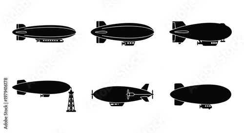 Vintage airship silhouette collection, set of 6 dirigible and zeppelin vector icons, retro flying blimp transport graphics on white background