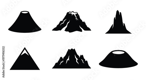 Volcano icon set, black mountain silhouettes, 6 volcano vector elements