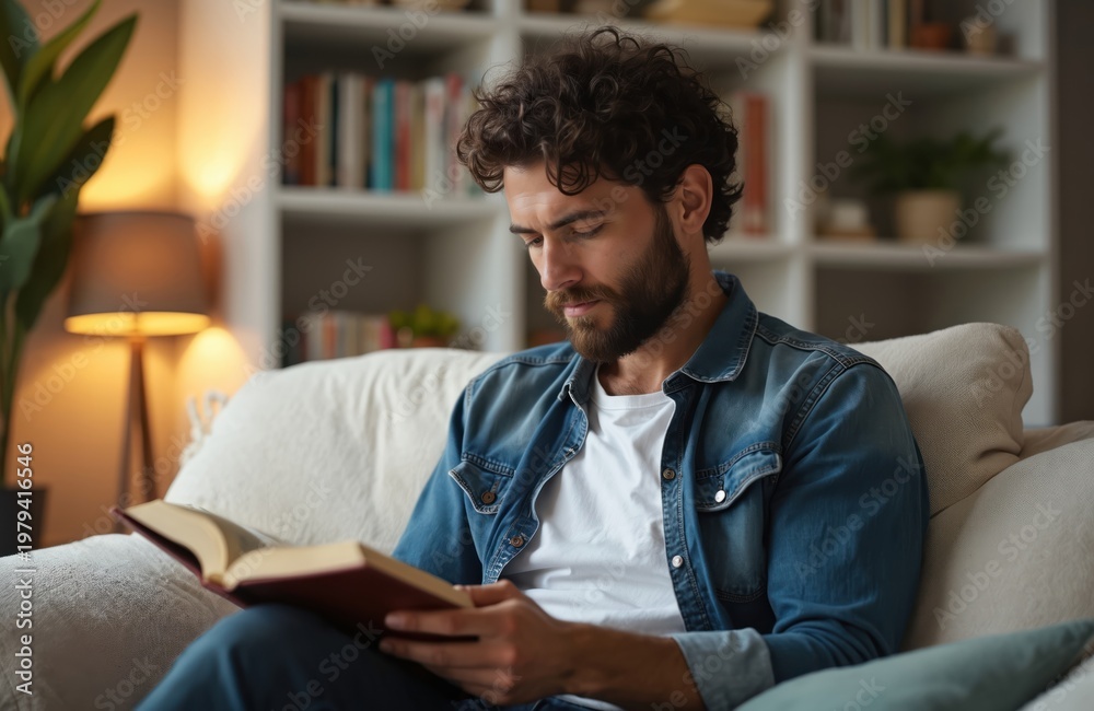 Fototapeta premium Bearded man reads book while relaxing on sofa in cozy living room. Adult male enjoys leisure time indoors, learning and contemplating. Peaceful evening hobby in modern apartment.