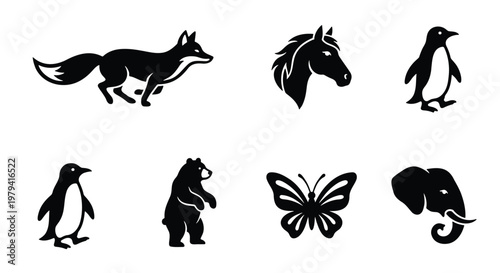 Minimalist animal icons set, black silhouette wildlife vector illustrations, 7 nature elements including fox, horse, penguin, bear, butterfly, and elephant