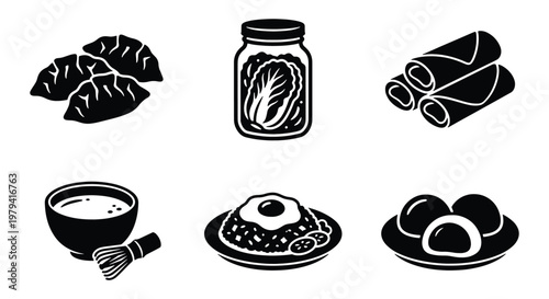 Asian food icon set, black and white vector illustrations of dumplings, kimchi jar, spring rolls, matcha tea, fried rice, and mochi desserts